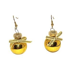 Christmas Ornament Earrings Gold Ball Gold White Bow Gold Ear Wires